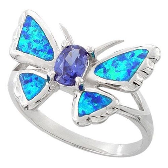 Sterling Silver Lab Opal Butterfly Tanzanite Ring New - Picture 1 of 4